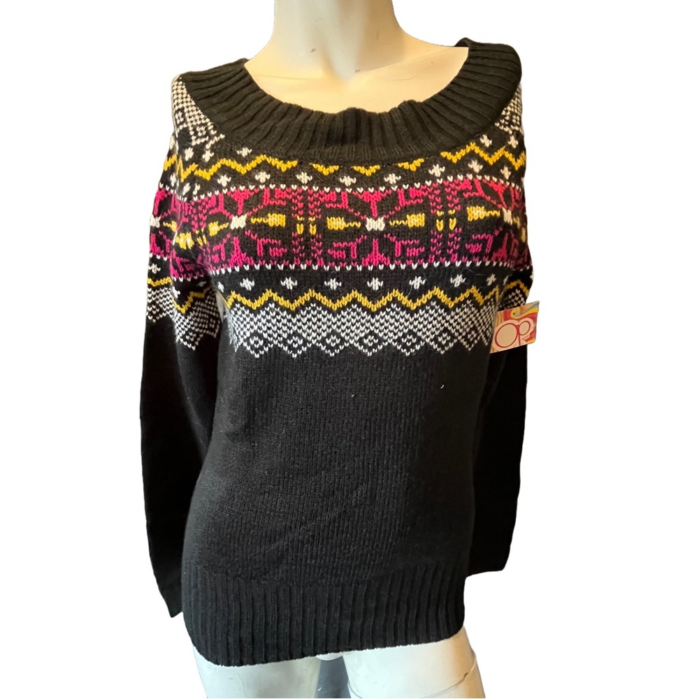Op Womens Black Pullover Sweater Nordic Fair Isle Off Shoulder Acrylic Small